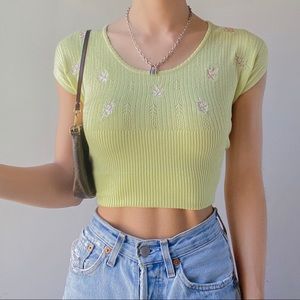 Free People - Lime Floral Embroidery Knit Top